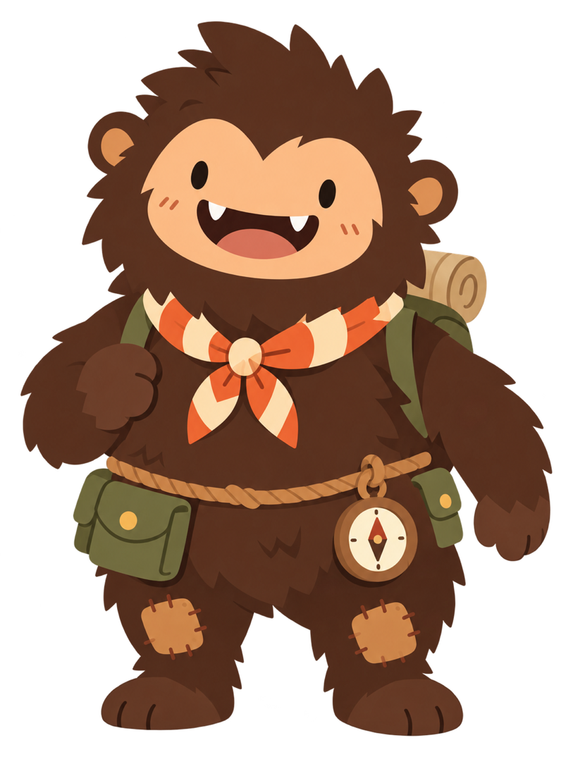 Scout, your smiling explorer with a scarf and backpack